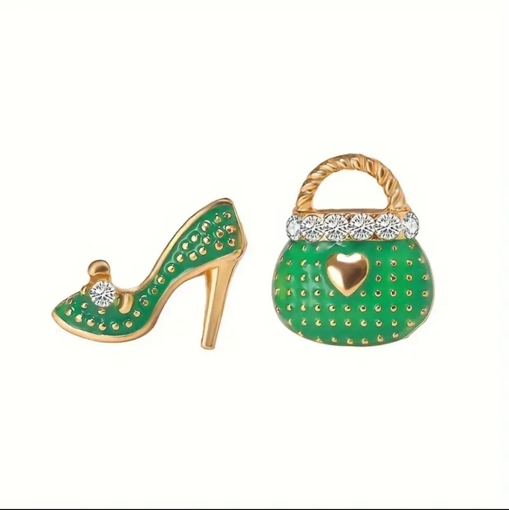 Purse And Heels Green And Gold 14K Plated Shiny Alloy Rhinestone Earrings